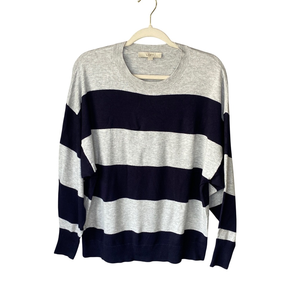 Loft Womens Navy Blue Gray Striped Crew Neck Relaxed Knit Sweater Medium